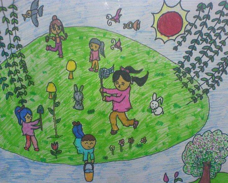 春天踏青外出游玩主题儿童绘画